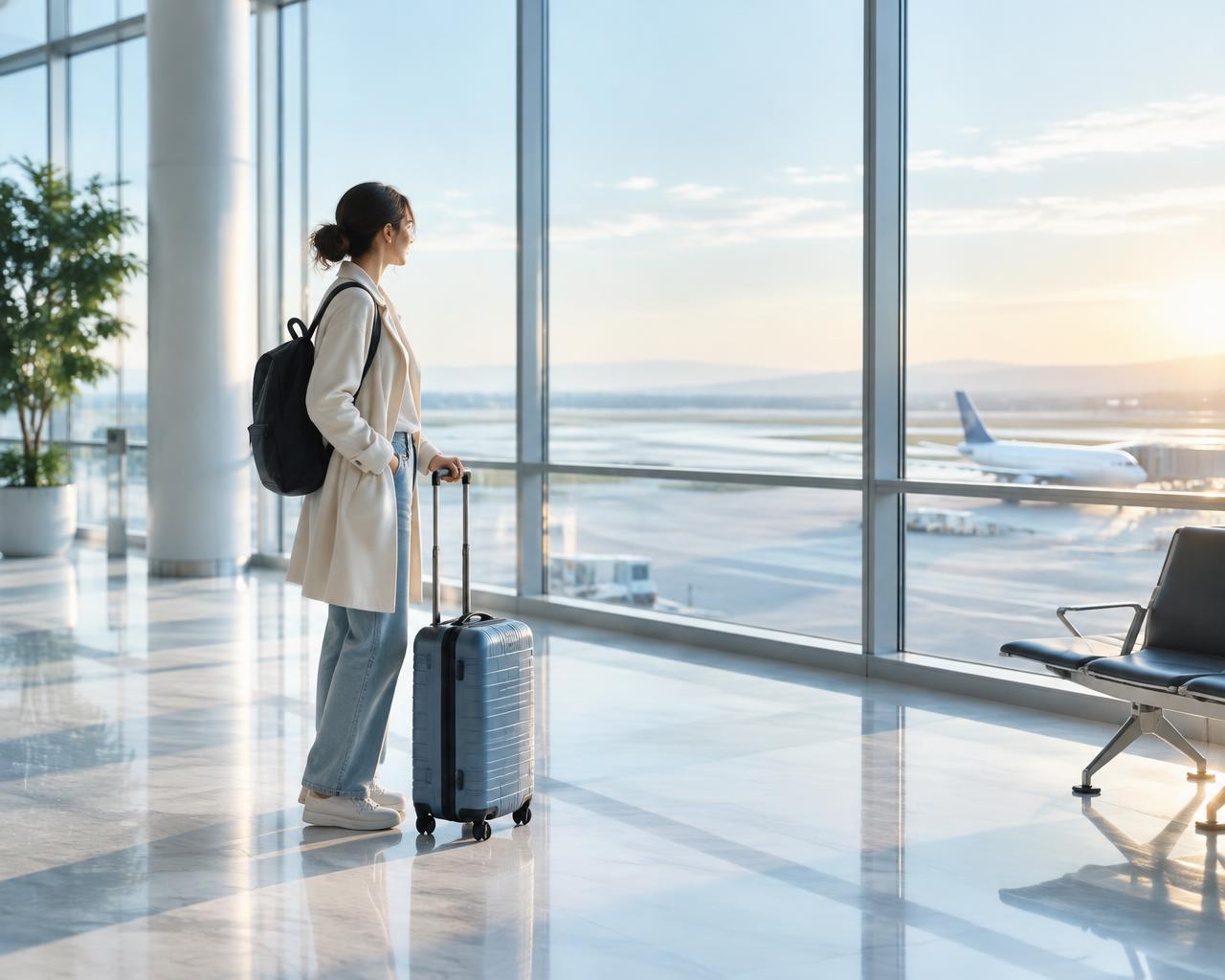 Traveler with carry-on luggage in a bright airport terminal.